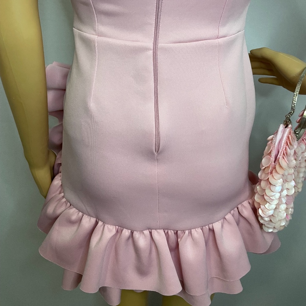 Baby pink off shoulder cutout twist fit flare mini dress w big ruffles and tulle - Picture 10 of 11